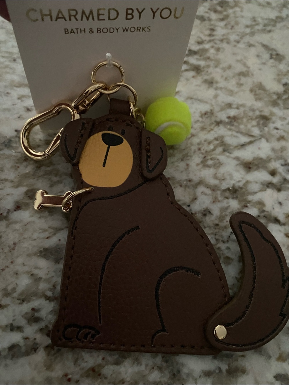 Bath & Body Works Charmed By You Brown Dog bagcharm w gold bone & TennisBall NWT
